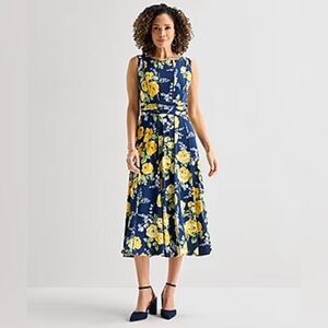 Perceptions Size Large Sleeveless Floral Midi Fit and Flare Dress Navy, Yellow